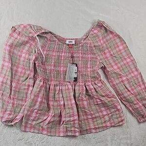 Tommy jeans shirt women large off shoulder boho pink tartan beige tunic